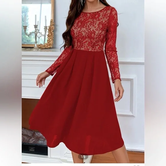 Shein Red Lace Modest Formal Midi Dress Xs | Color: Red | Size: Xs | Modest_Hanger's Closet